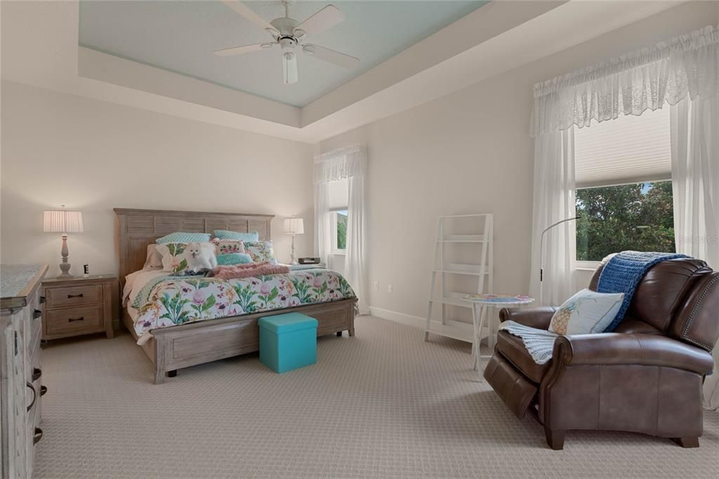 Generously Sized Primary Bedroom Suite features luxurious Berber Carpet and Tray Ceilings