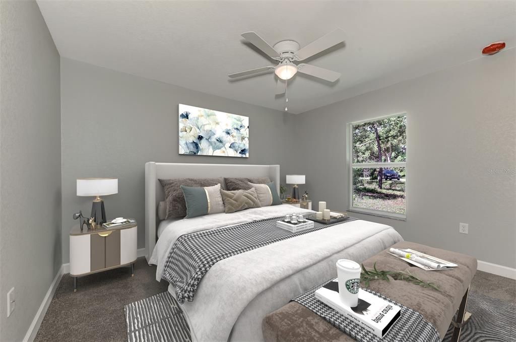 Digital staged master bedroom with large walk-in closet.