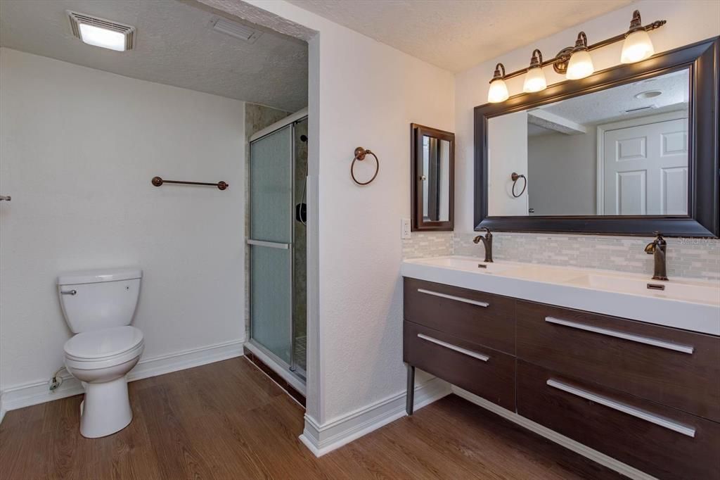 bathroom in primary bedroom with large closet