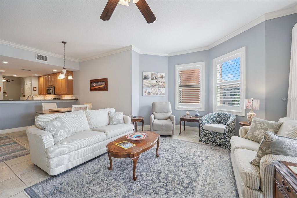 Great Room with Bow Windows providing additional space and natural lighting