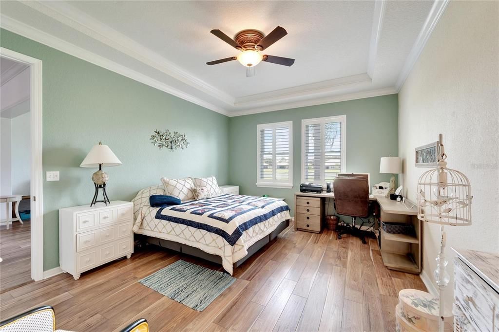 owner's bedroom with tray ceiling, plantation shutters and great flooring