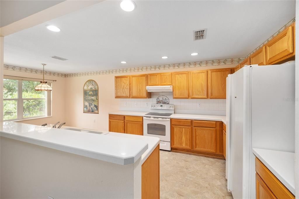 Beautiful wood cabinets, lots of light and Corian counter tops.