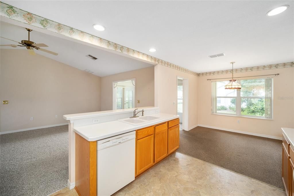 View toward living area and eating area from Kitchen.