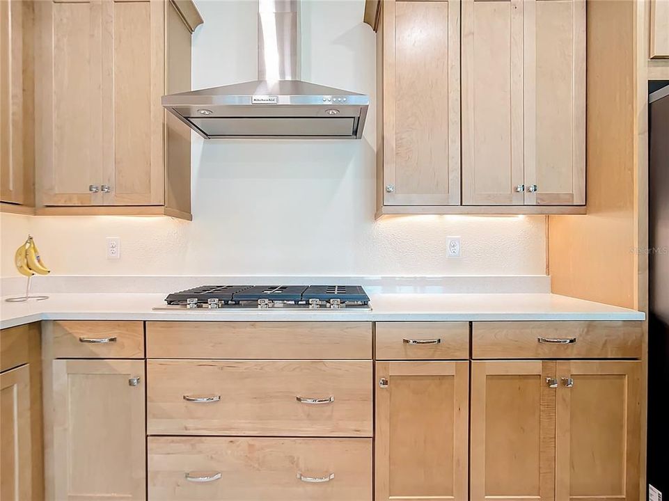 Gas cook top and solid maple cabinets.