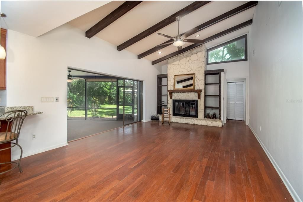 Back Great Room with Fireplace and Sliders to back Porch