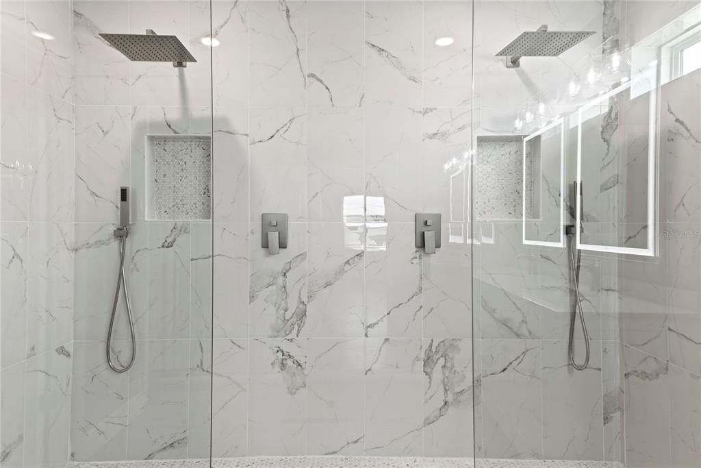 Modern all length double marble tiled shower