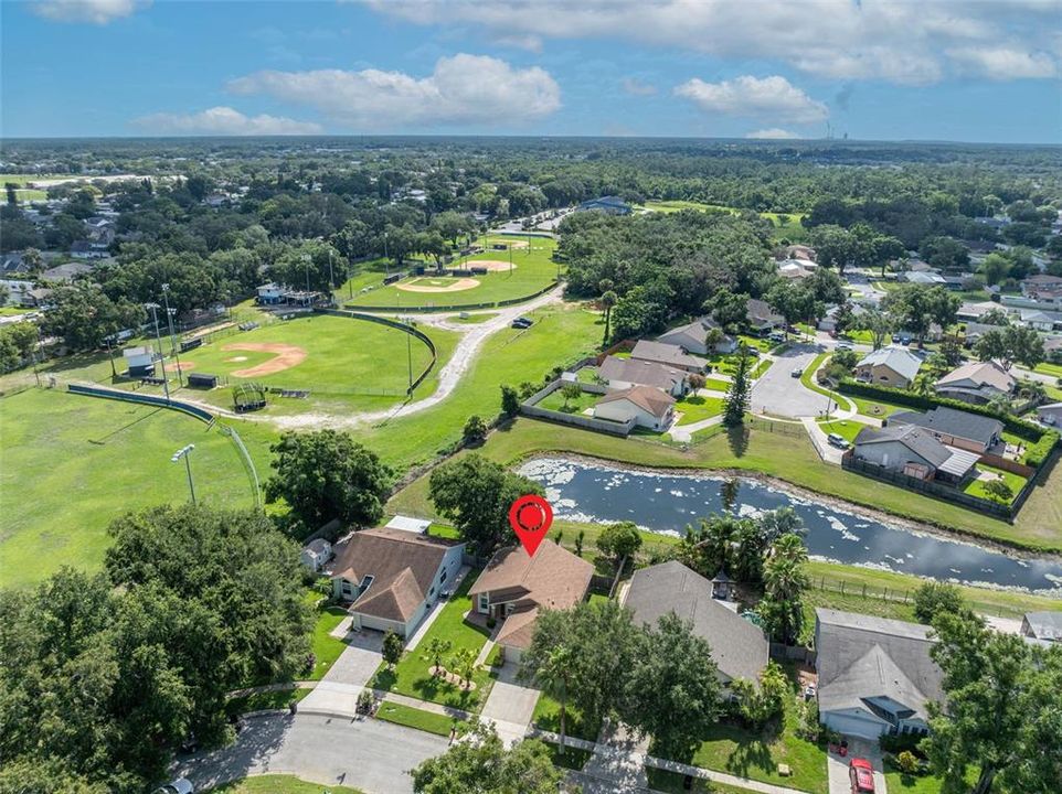 Aerial view of home and Conway Park for Little League Baseball & Softball