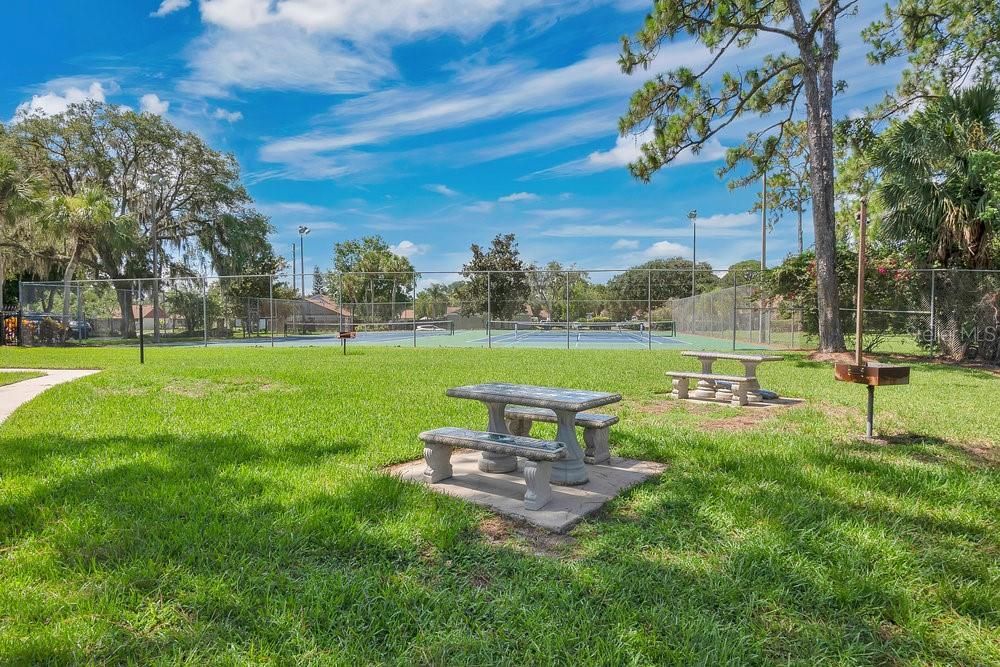 Picnic tables by lake and pool and tennis courts