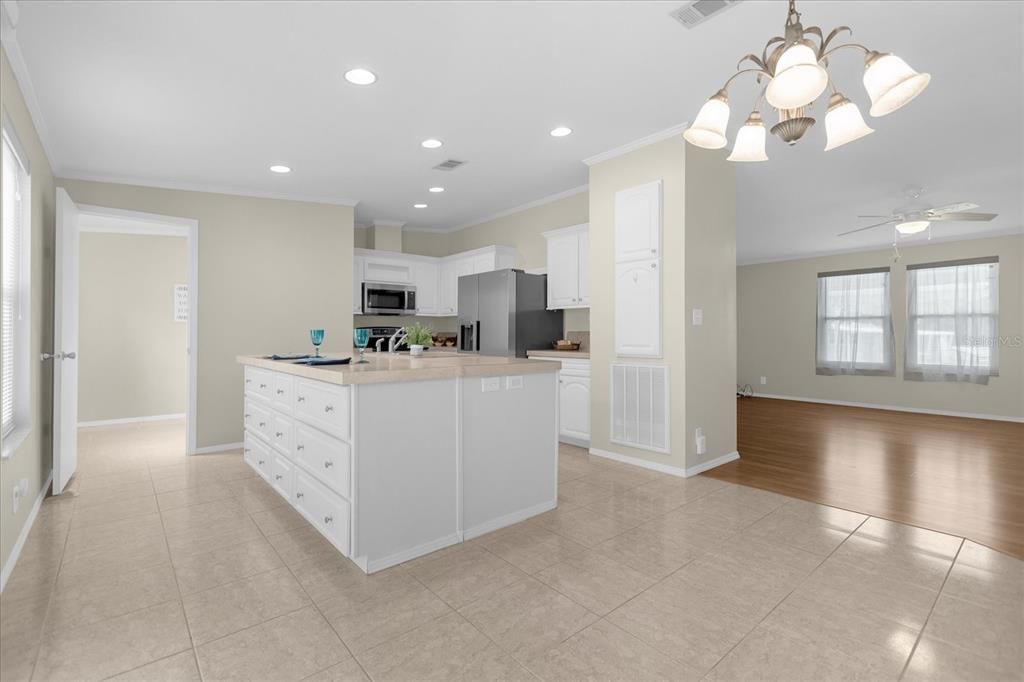 Kitchen/Dining looking into Living room & Laundry room