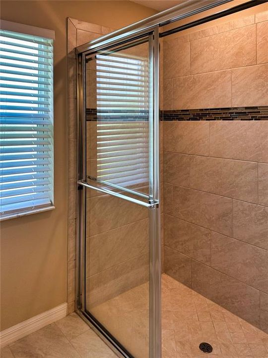 Large walk-in shower with a stylish tile surround and a sleek glass enclosure, offering a modern and luxurious bathing experience.