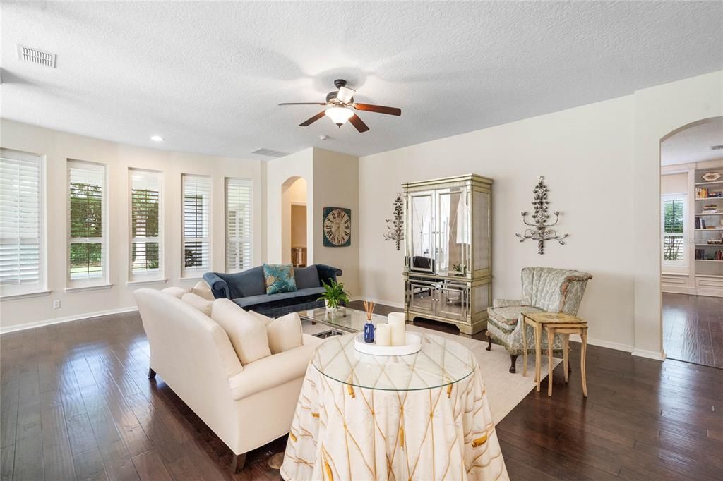 Family room with view of back porch