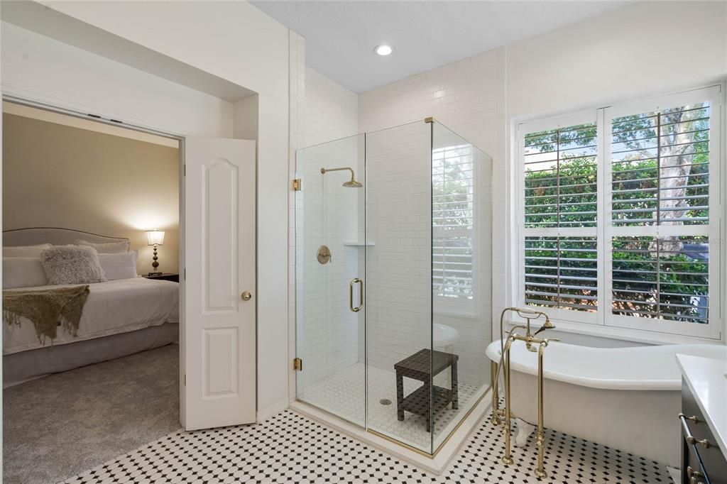 Renovated primary bathroom with tile shower