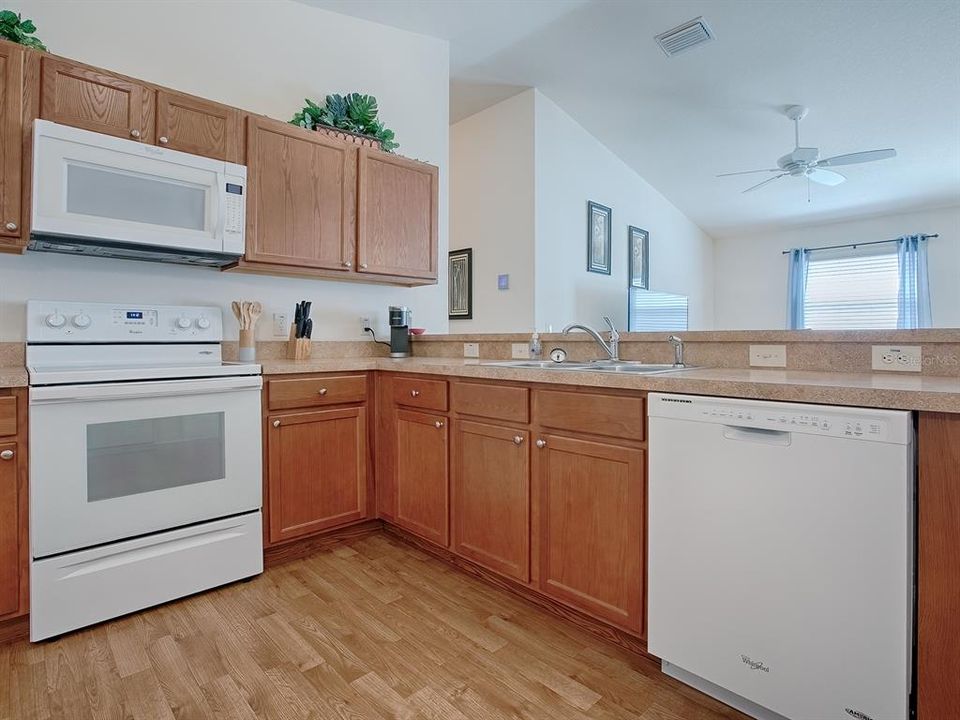 OAK CABINETS WITH NICKEL HARDWARE AND LAMINATE COUNTERTOPS WITH SMOOTH TOP ELECTRIC STOVE