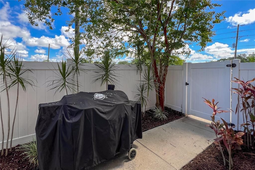 Rear patio with space for BBQ and furniture.