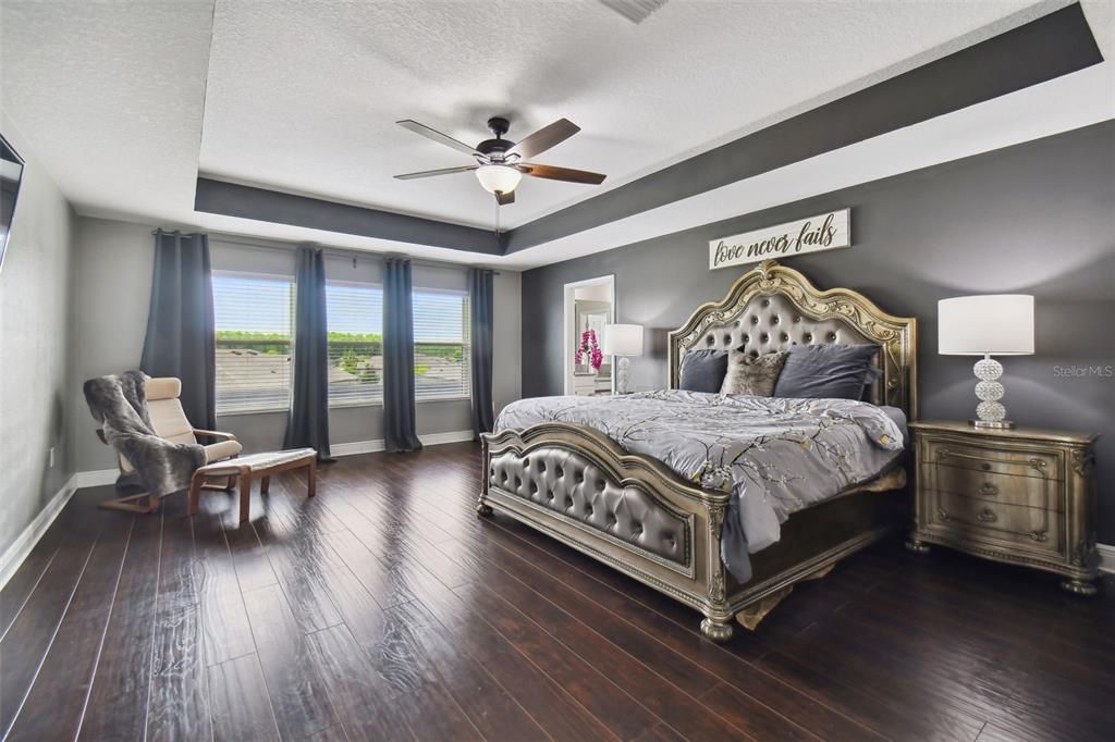 Massive primary bedroom accented with tray ceilings