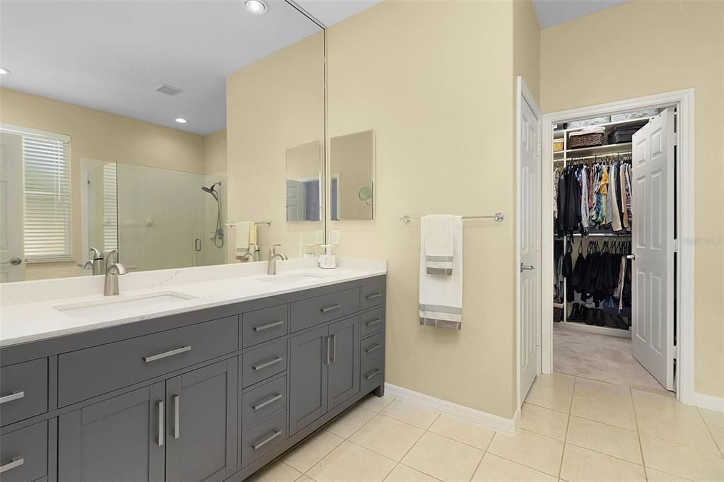 View from bathroom to large walk in closet.