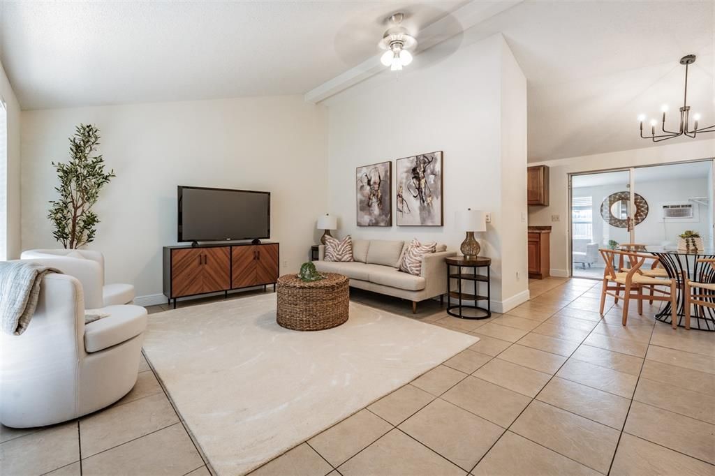 living room with vaulted ceilings