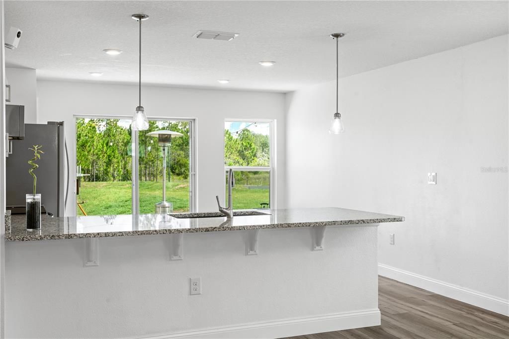 Ample kitchen features granite counter tops, bright and airy with recessed lights and pendant lights over the large counter top.