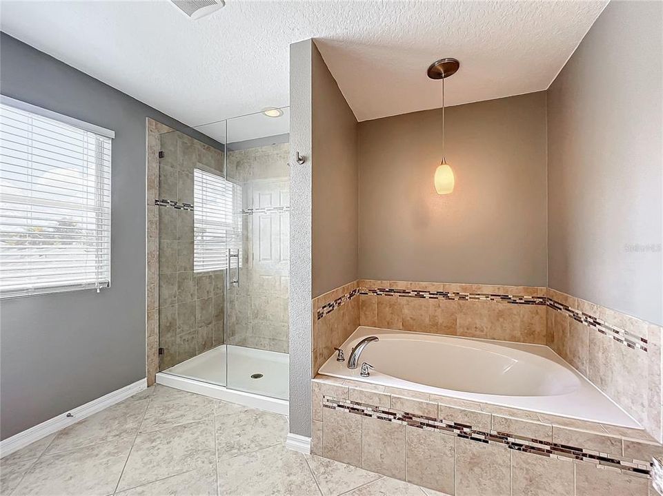 Frameless shower and garden tub.