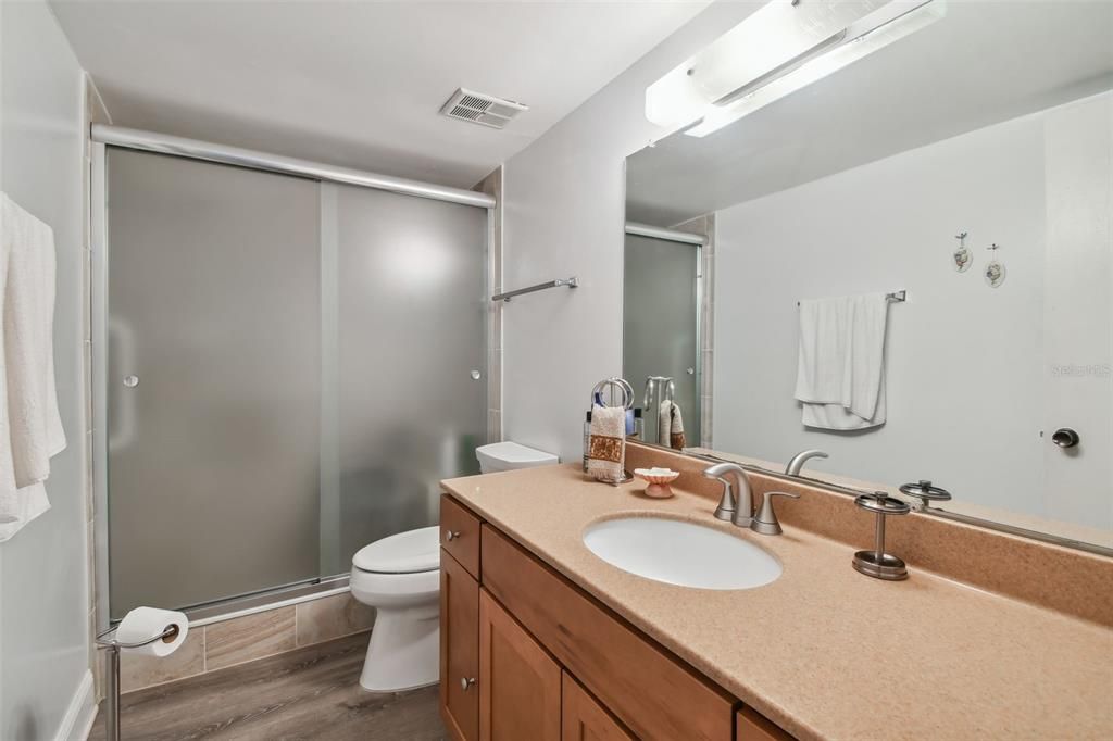 Remodeled hall bathroom with step-in shower