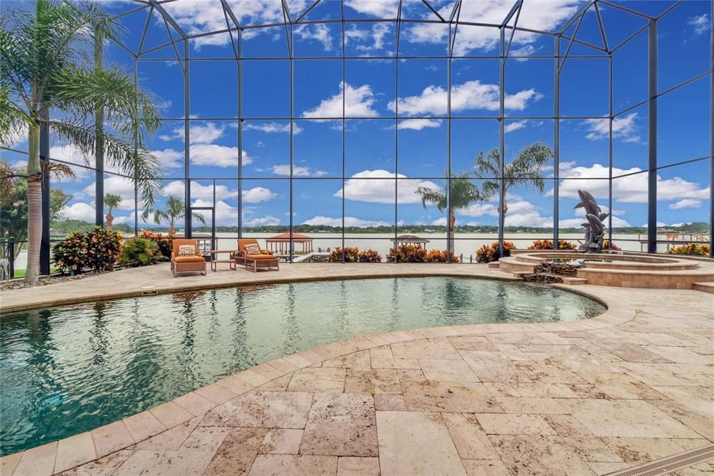 Screened Pool & Spa with Travertine Pavers