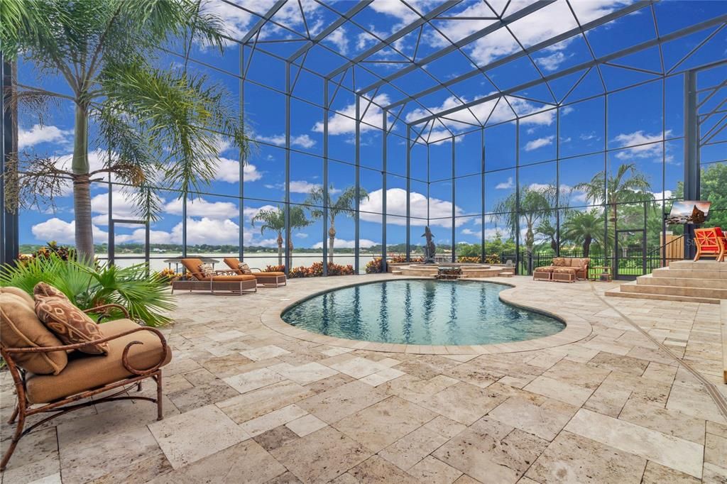 Screened Pool & Spa with Travertine Pavers