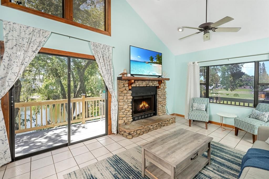 Wood burning fireplace in family room