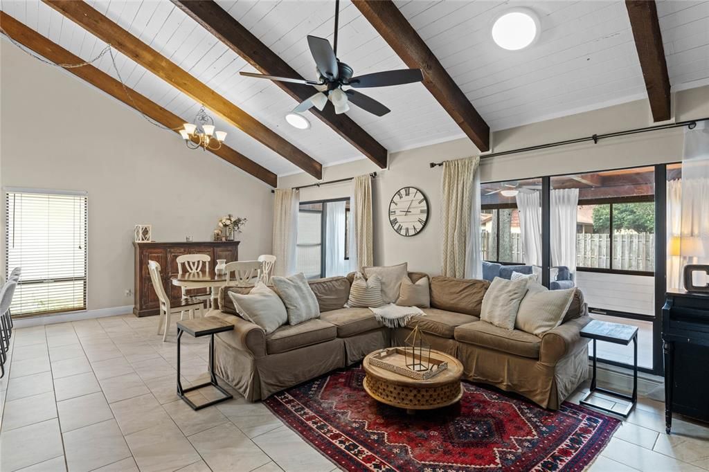 Family room with wood beams