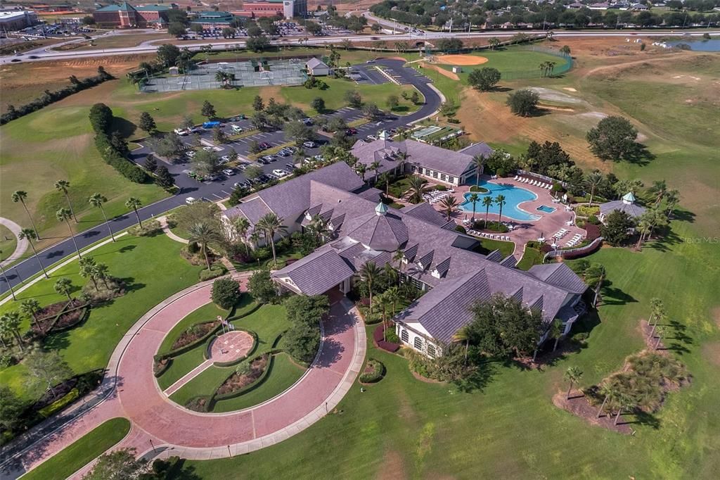 Aerial community clubhouse and amenities
