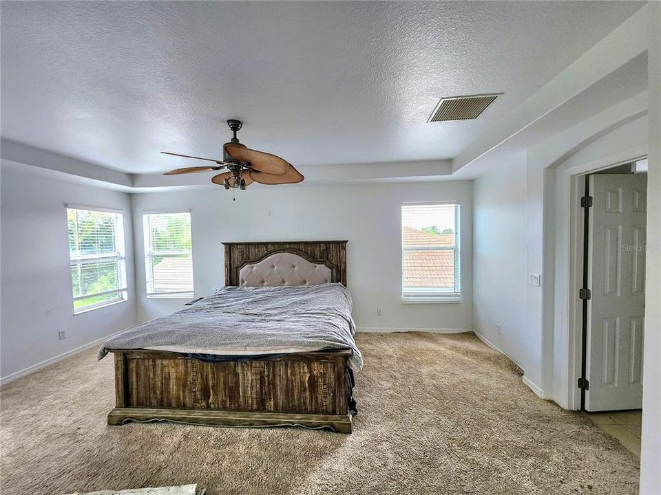 spacious master with beautiful fan and tray ceiling.  French doors to master bath.