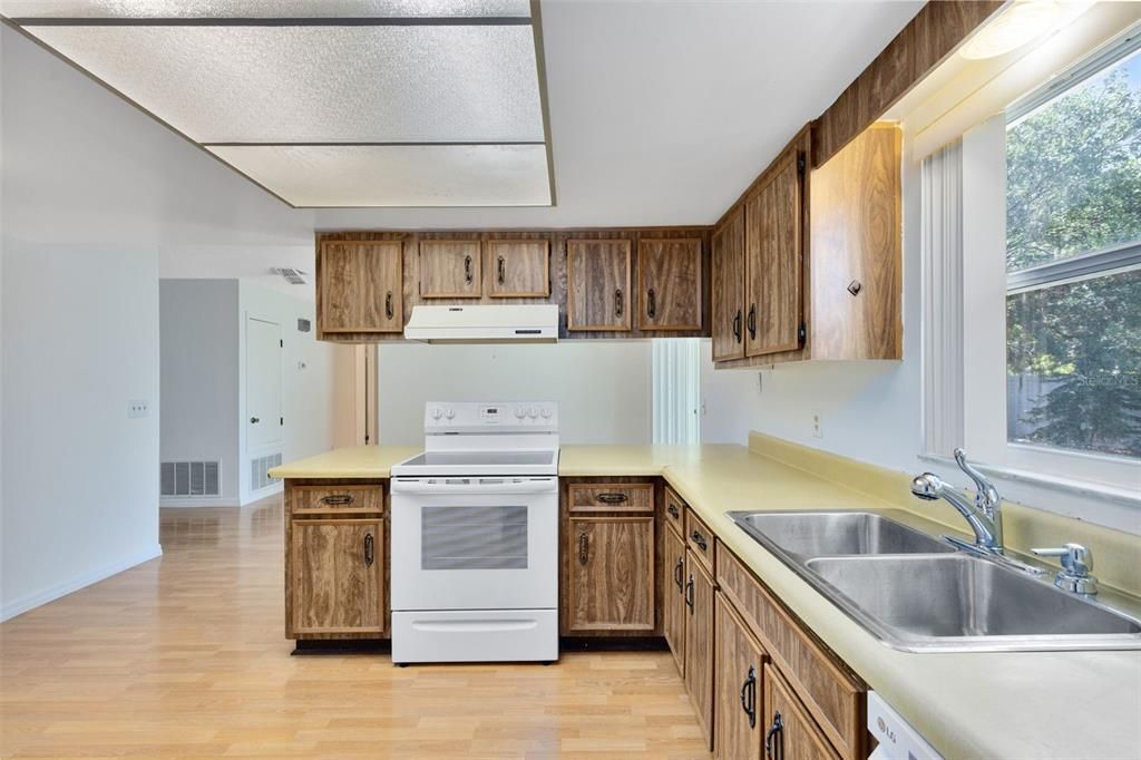 View from the back of the kitchen towards the dining area.