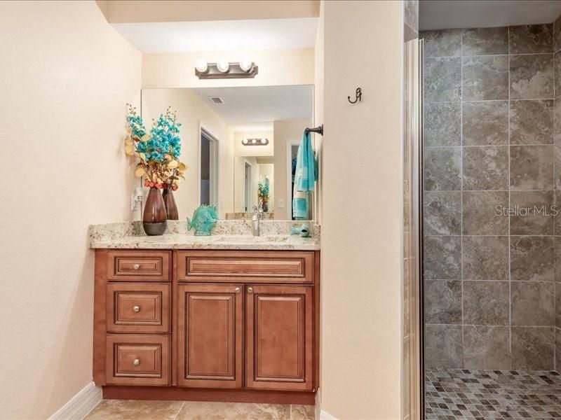 All wood, soft-close cabinets & Drawers & granite countertops.  Also, see Italian Title in Shower.