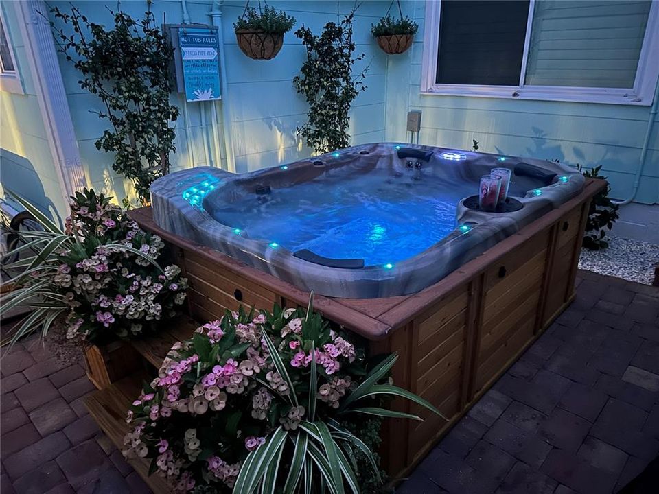 Covered patio in the evening