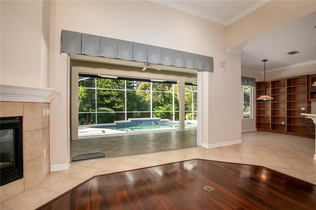 Recessed sliders provide access to the pool lanai.