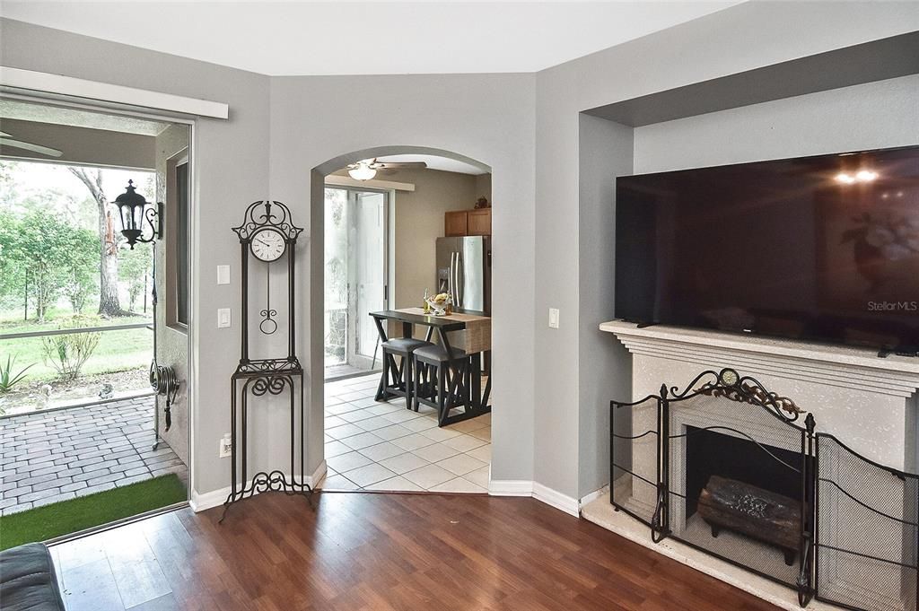 The kitchen just steps away from the living room.