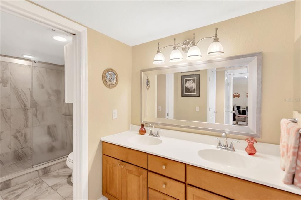 Double sink * expansive vanity with plenty of drawers/cabinets for storage