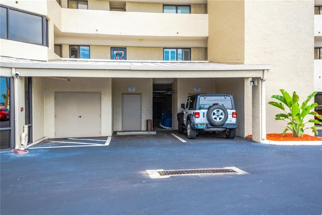 It is always nice to have a dedicated covered parking space.   Your space is just steps from front door.Spacious enough to hold your large vehicle or in this case a jeep.