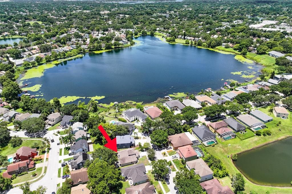 Aerial view subdivision and Lake Porter