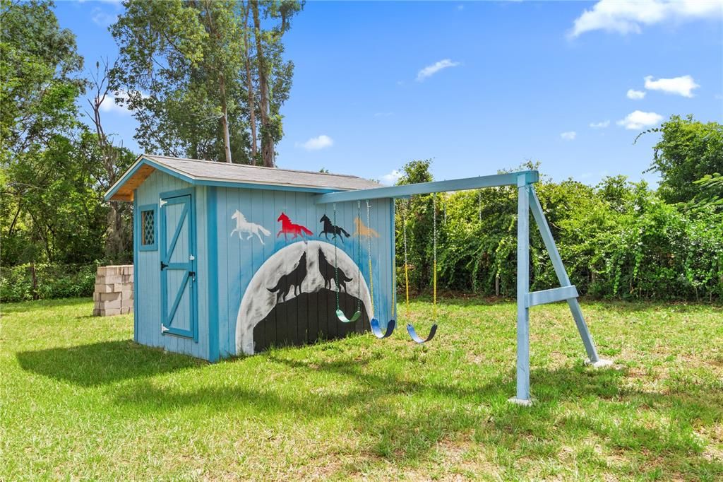 Custom built shed with a swing set for children attached!