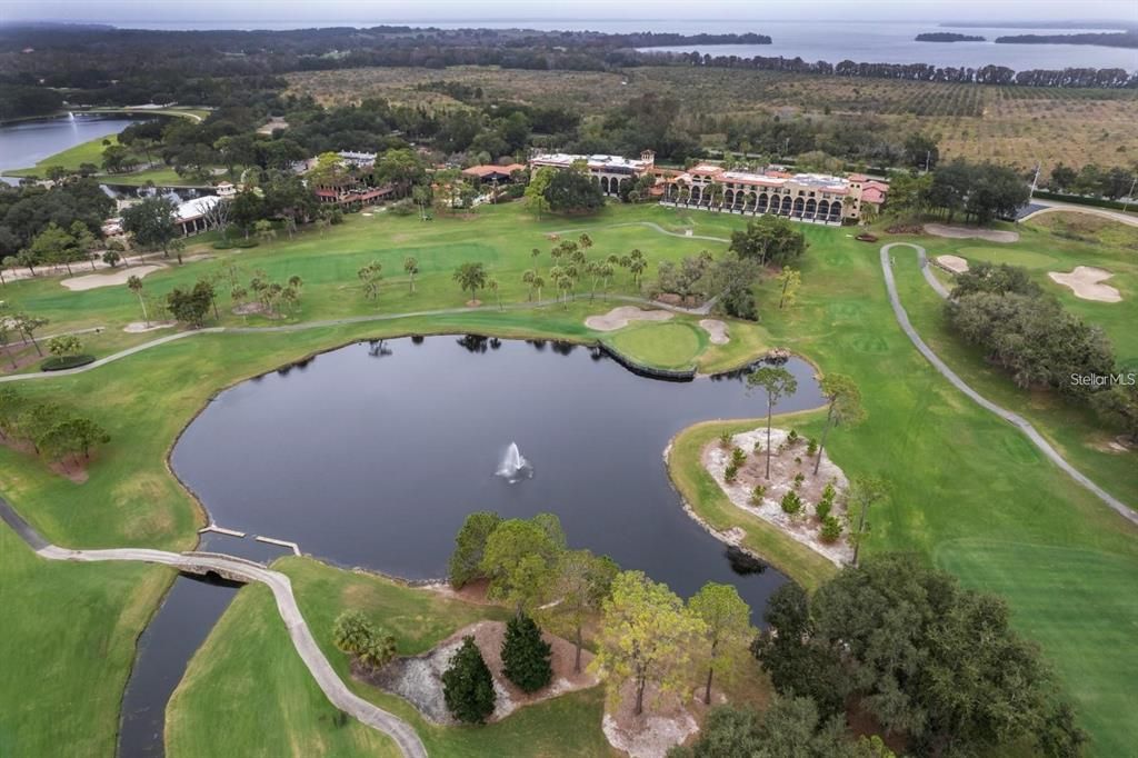 Aerial view of golf course and resort.