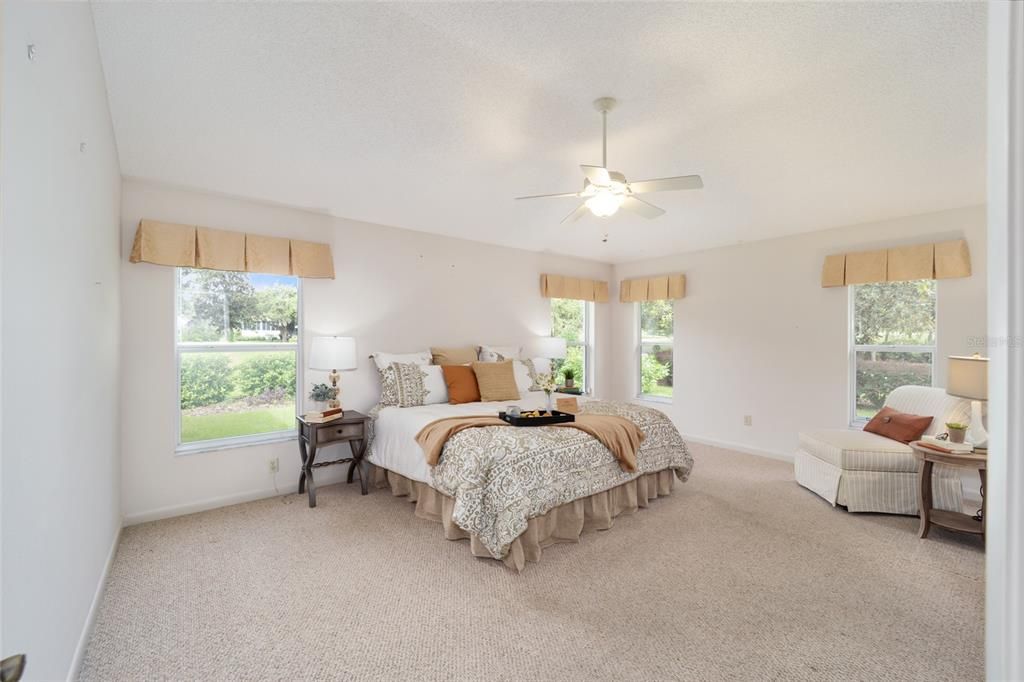 The primary bedroom has gorgeous views. This is a king bed.