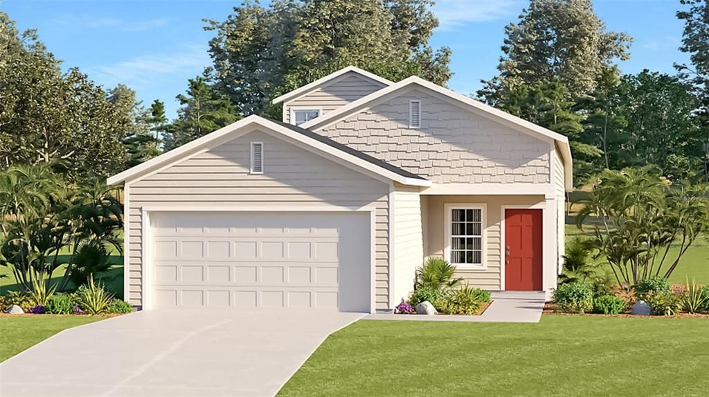 Artist rendering; illustration only; colors, features, and garage orientation may differ.