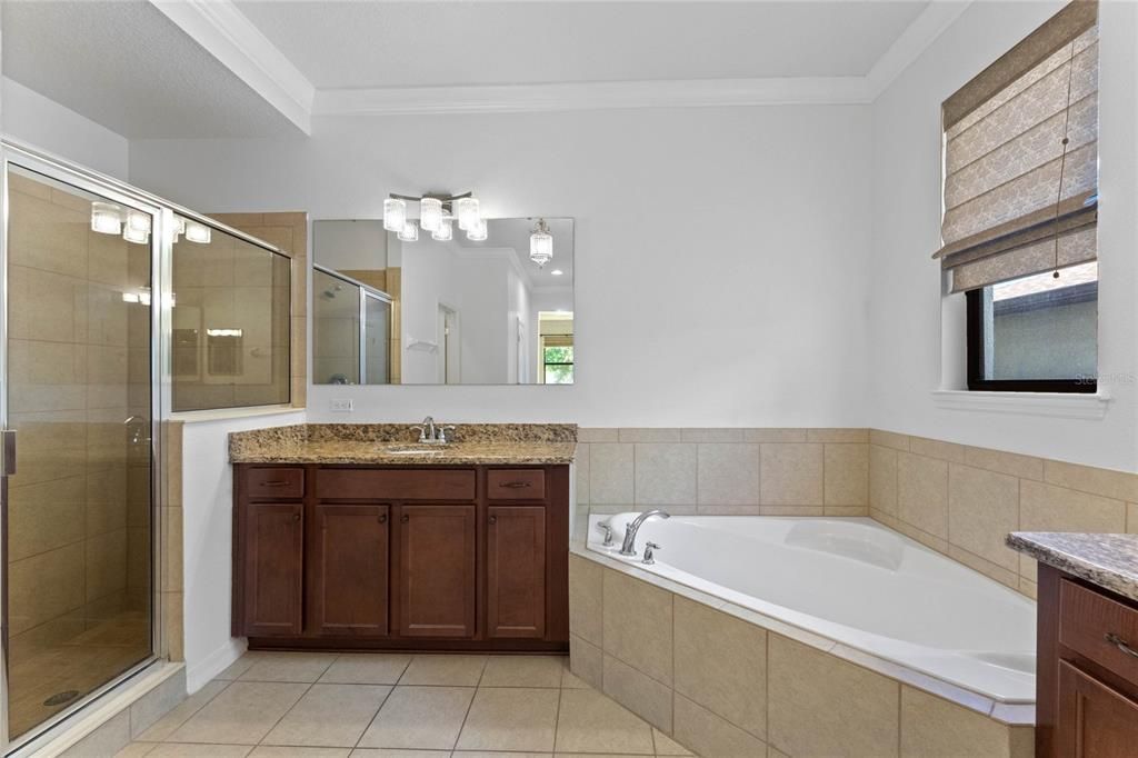 View into the primary bathroom with separate shower stall and soaking tub.