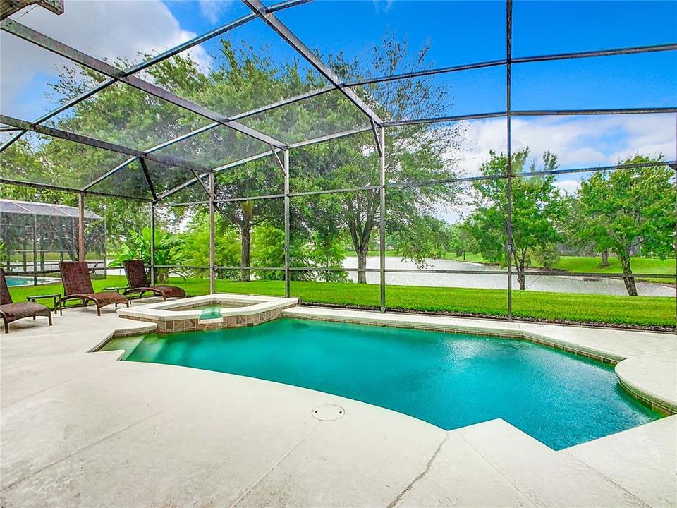 Extended pool deck overlooking pond situated behind property