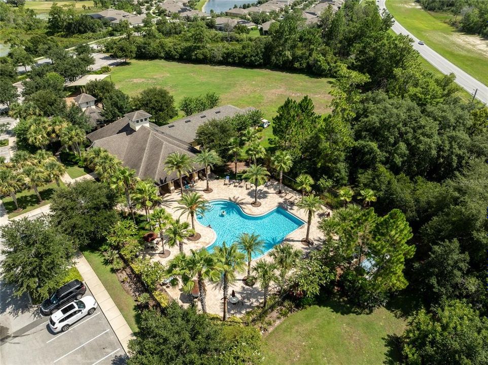 Overhead view of community swimming pool.