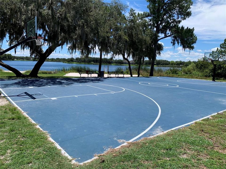 Basketball court with lake view