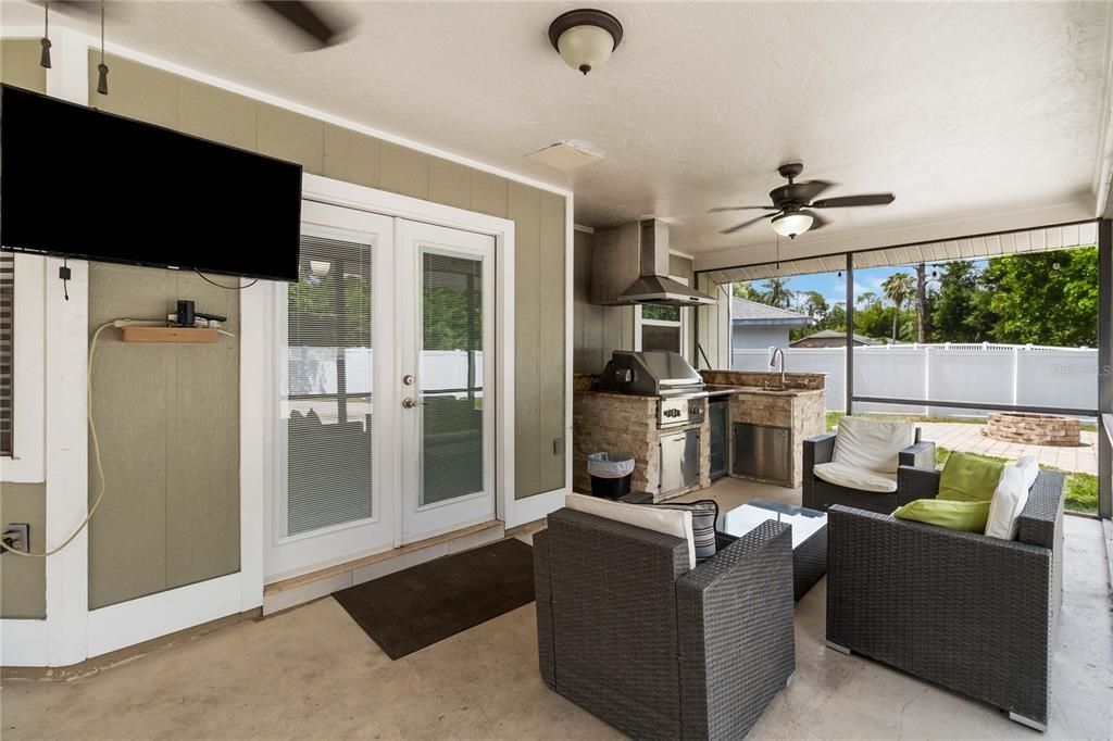 Outdoor kitchen and seating area