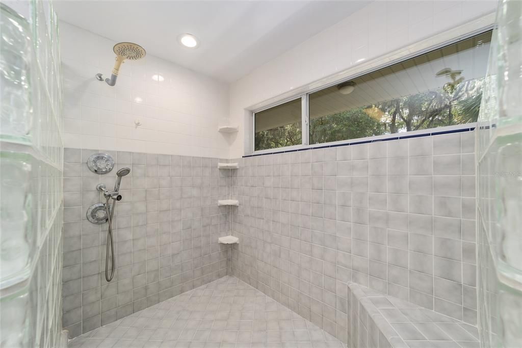 large walk-in shower with glass blocks