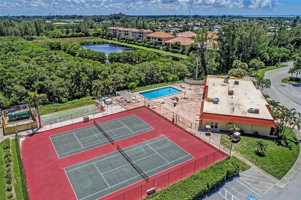 Tennis/pickleball courts, heated pool #1 and recreation area