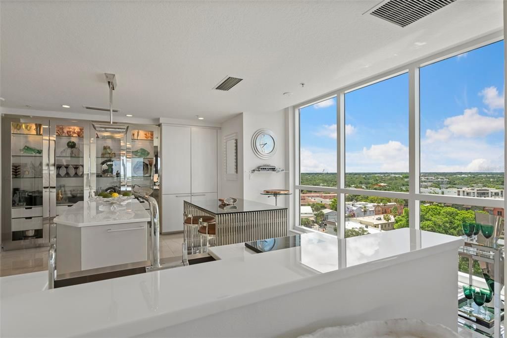 The state-of-the-art kitchen features chic white Seaglass countertops and island and custom glass front built-ins.